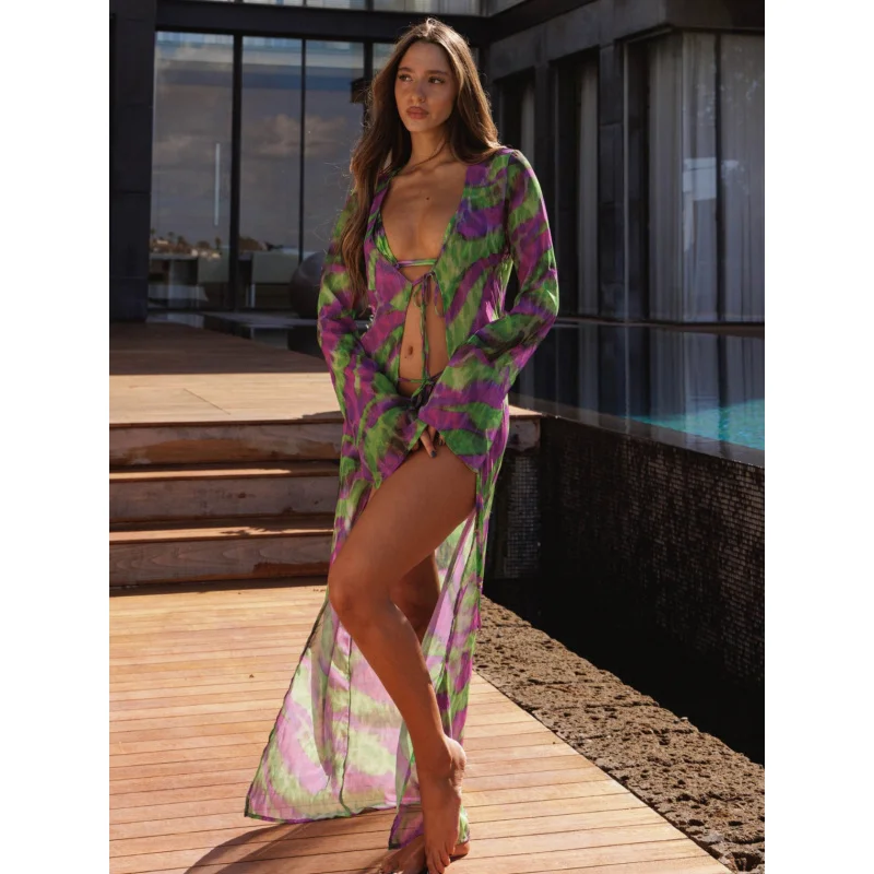 

2024New Printed Beach Dress Three-Piece Set Striped Sexy Halter Bikini