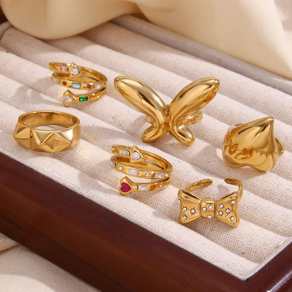 E.B.belle Smooth Butterfly Micro Inlaid Bow Love Side Punk Geometry Rivet Three layer Heart Arrow Zircon Stainless Steel Ring