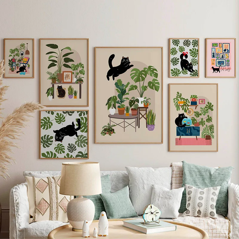 Schwarze Katze Poster Leinwanddruck Liebhaber Geschenk Wandkunst Wandbild Monstera Haus Topfpflanze Druckbilder Wohnzimmer Heimdekoration
