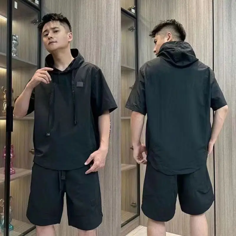 

Hoodie Men's Shorts Set No Logo Male T Shirt Short Sets Two Piece Korean Style 2025 New in Tops & Tees Kpop Matching Basic Chic