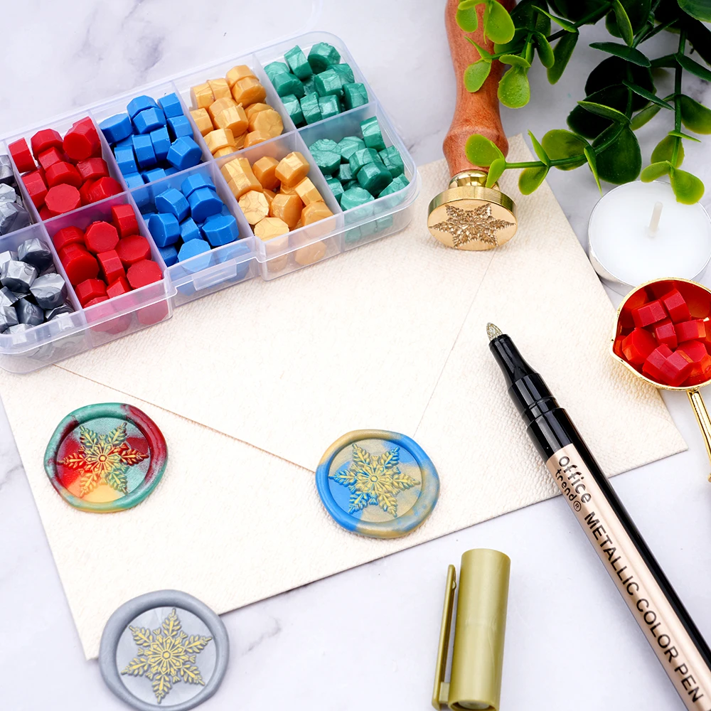 Snowflake Wax Seal Stamp Kit -5 Colors Sealing Wax Beads with Melting Spoon,Candle & Pen, for Christmas Cards,Wedding Invitation