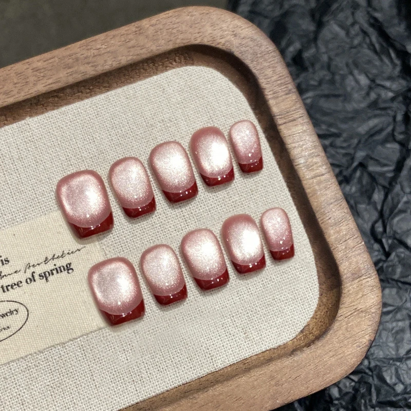 10Pcs Red French Design Press on Nails Cat Eye Short Coffin False Nails Wearable Full Cover Fake Nails Tips Art Накладные Ногти
