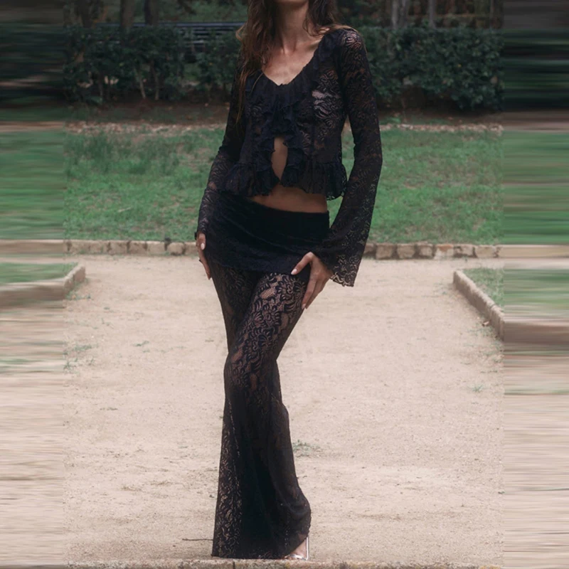 Elegant Ruffled Edge Solid 2Pc Suit Sexy V-neck Long Sleeve Tops & Flare Pants Set Women Fashion Lace Embroidery Hollow Outfits