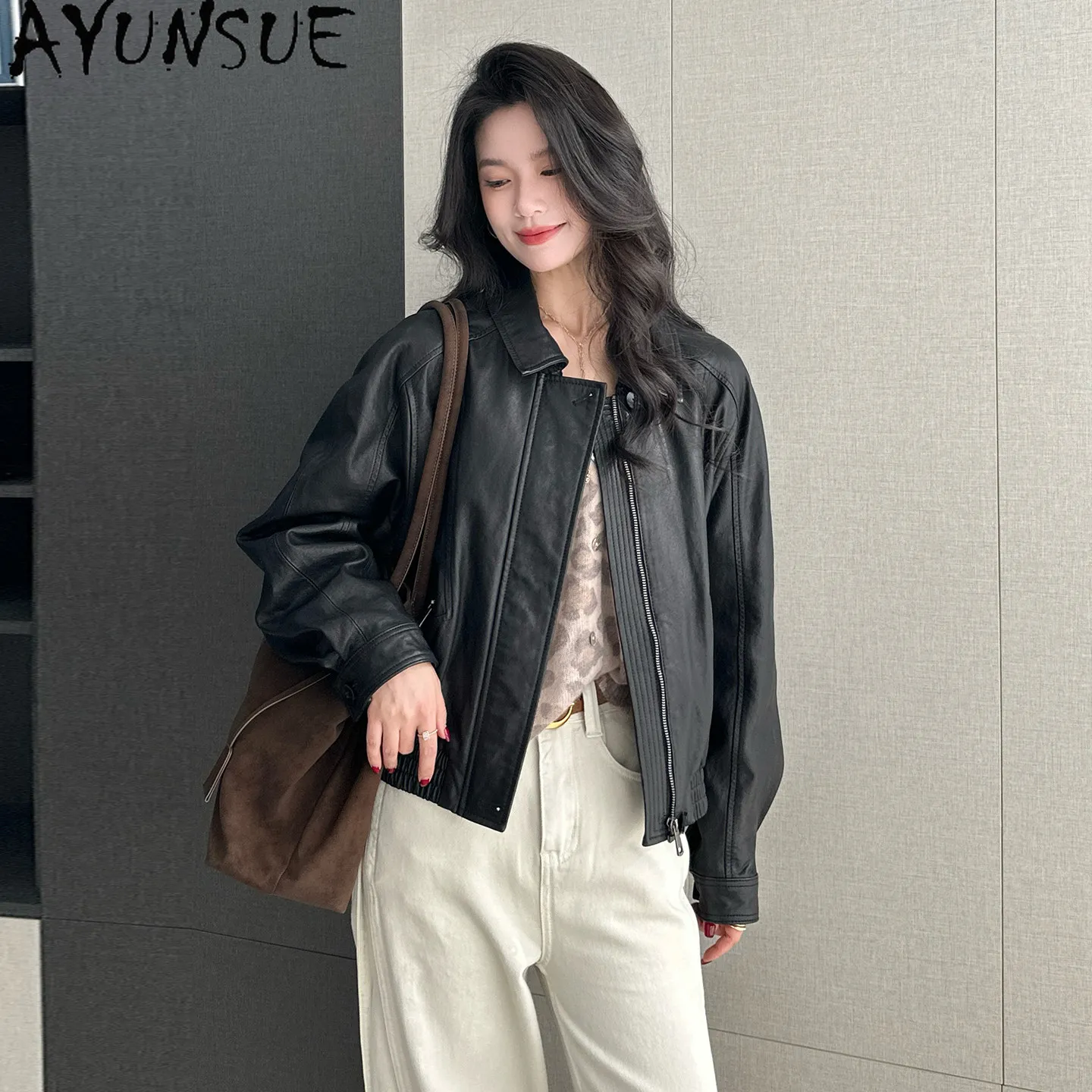 AYUNSUE Top Layer Sheepskin Womens Coats Black Real Leather Jacket Women Spring Autumn Vintage Clothes Short 2026 Куртка Кожаная