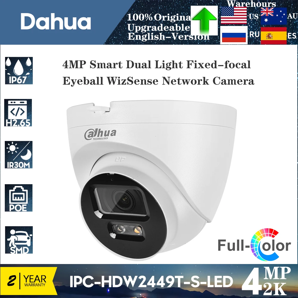 Original Dahua 4MP Mini IPC-HDW2449T-S-LED WizSense Smart Dual Light Full Color Camera Vehicle Human Detection Built-in MIC