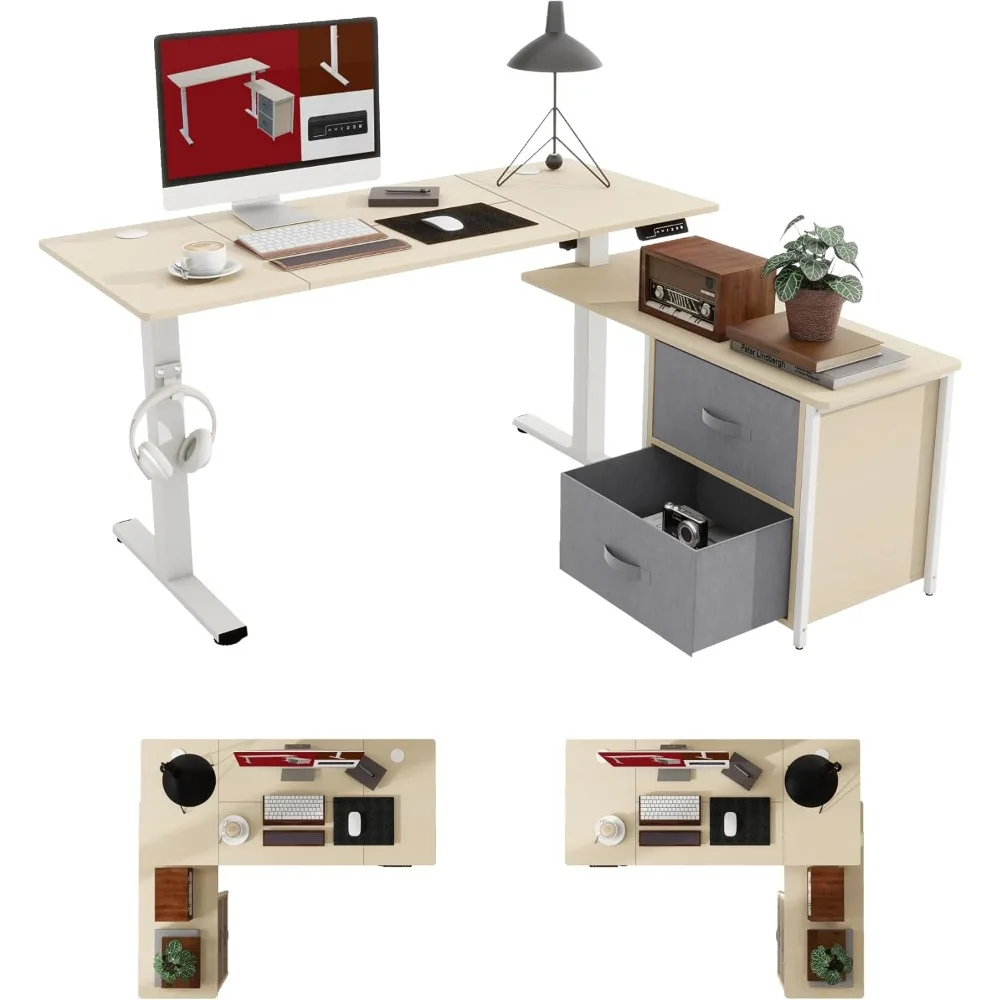 

55'' L Shaped Standing Desk with 2-Drawer File Cabinet, Electric Height Adjustable Stand up Desk w/USB Charge Ports,Office Desks