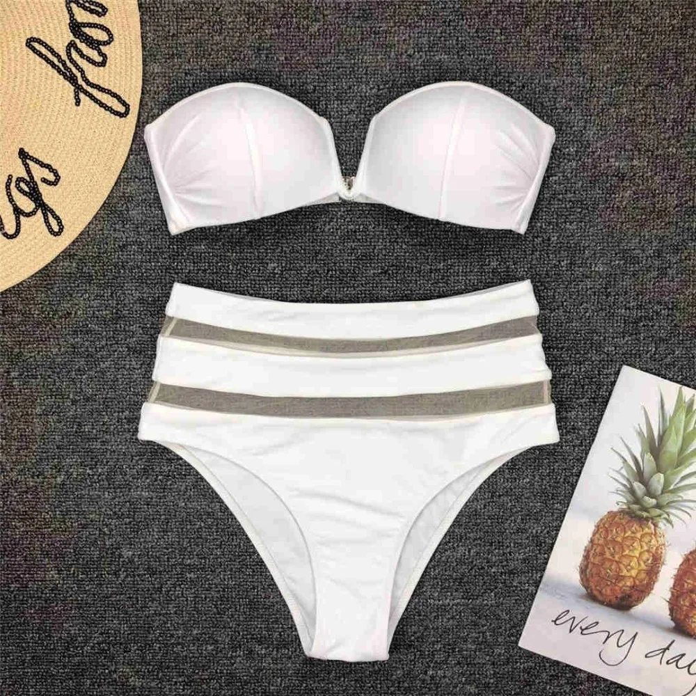 Sexy High-Waist-Bikini-Bandeau-Badeanzug für Damen, 2020, zweiteiliger Bikini-Set mit BH-Cup, Badebekleidung, Badeanzug V1297 – Detail 11