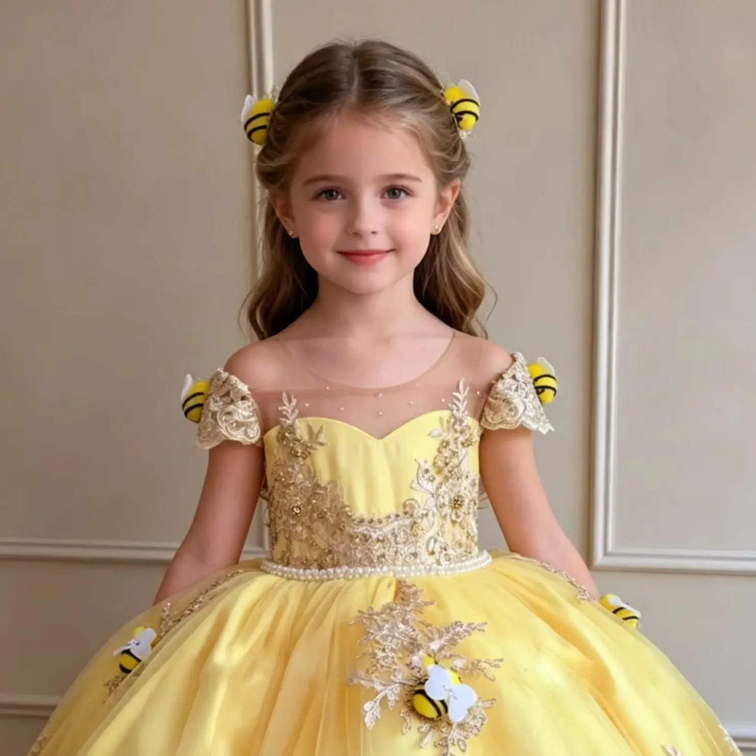 Princess Yellow Flower Girl Dress for Wedding Short Sleeves with Bows Kids Infant Baptism Gowns First Communion Gowns Custom