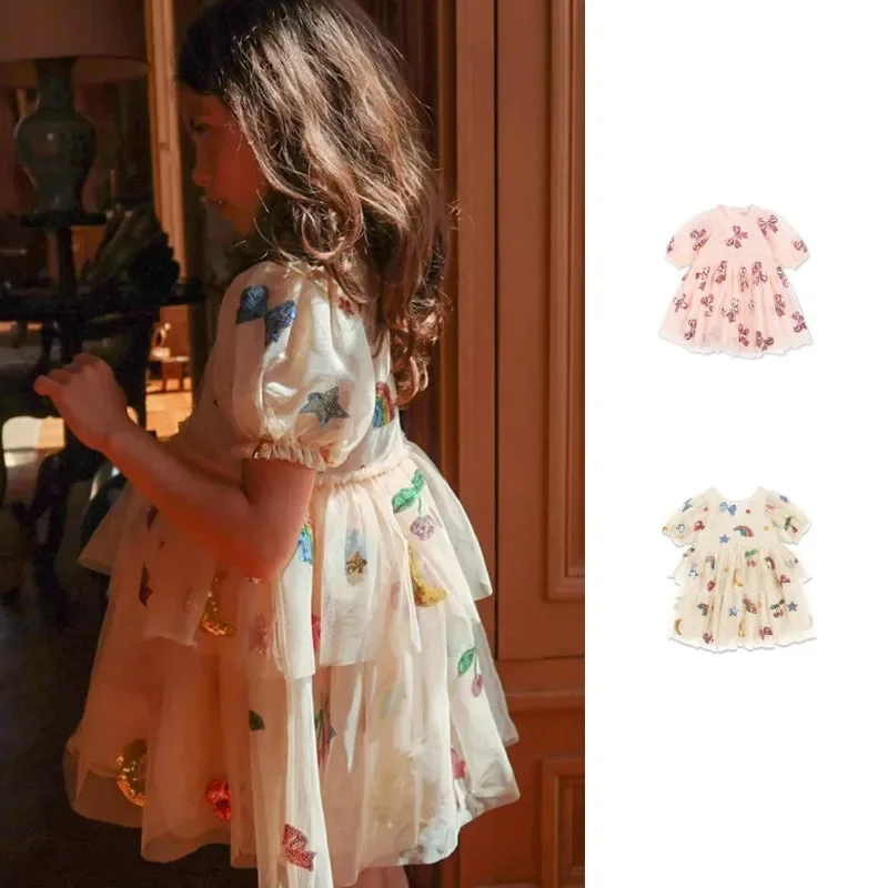 

OUYANG&IVAN Girls' Dress 2025 Summer New Cute Fashion Bow Sequin Princess Style Girl Dress