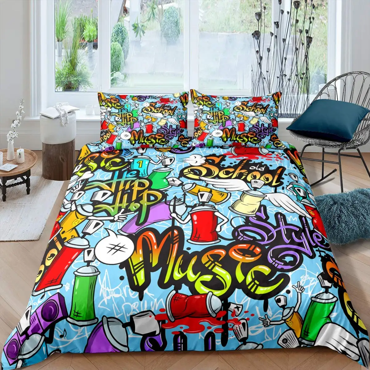 Hippie Graffiti King Queen Duvet Cover  Hip Hop Bedding Set for Kids Teens Adults Wall Urban Street Art Polyester Quilt Cover
