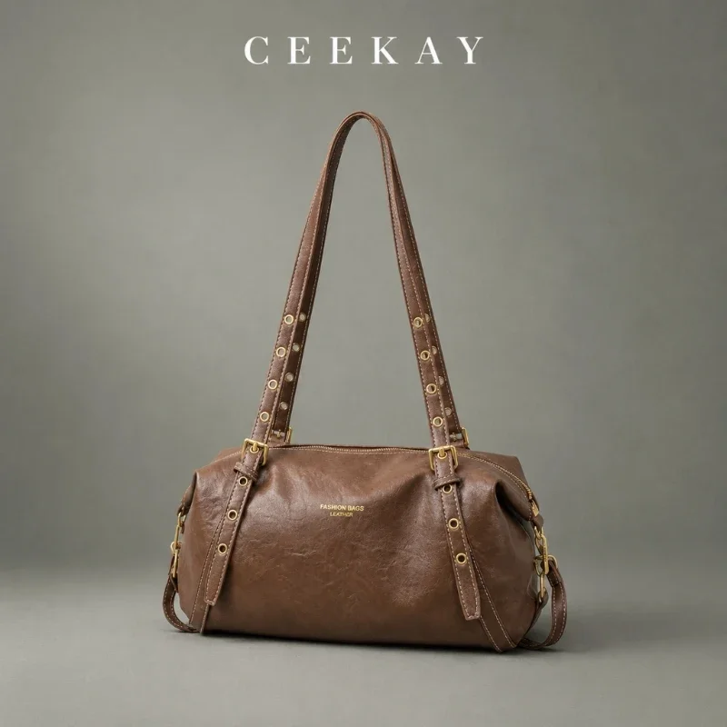CEEKAY Leather Long Bag Grommet Stud Double Strap Side Ruched All-Match Daily Wear Large Capacity Elegant Classic for Women