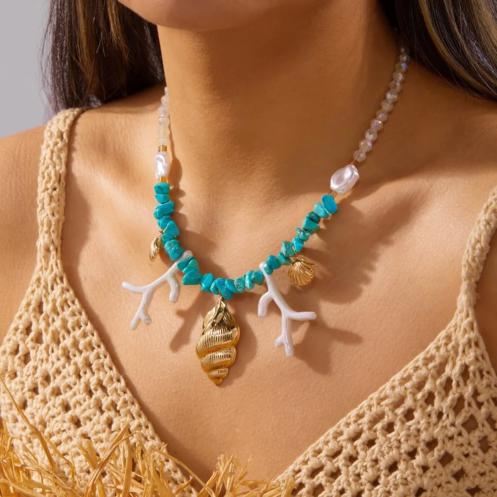Bohemian Exaggerated Cowrie Shell Spiral Conch Big Starfish Chip Coral Imitation Pearl Necklace for Women Beach Party Jewelry