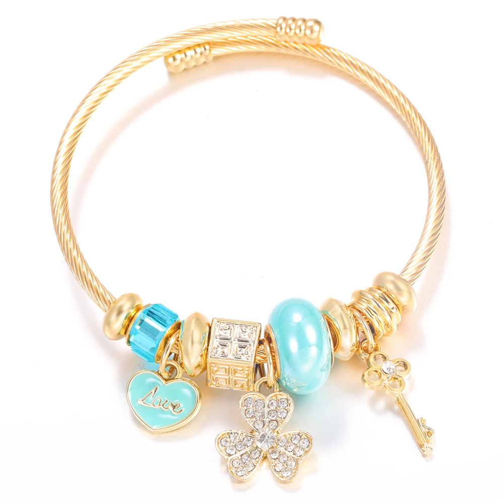 Rhinestone Flowers Pendant Golden Stainless Steel Beaded Bracelet 4 Colors High Quality Closure Bangles Women Bracelet Jewelry