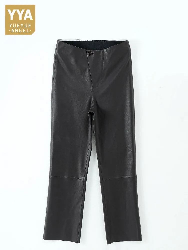 Luxury Women Slim Fit High Waist 100% Natural Leather Pants Stretchy Ankle Length Straight Pants Female Genuine Leather Trousers