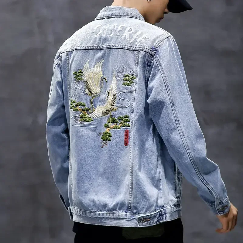 Male Jean Coats Autumn Pattern Men\'s Denim Jacket with Embroidery Blue Y2k High Quality Cowboy Fashion Loose G Trendy Cowgirl