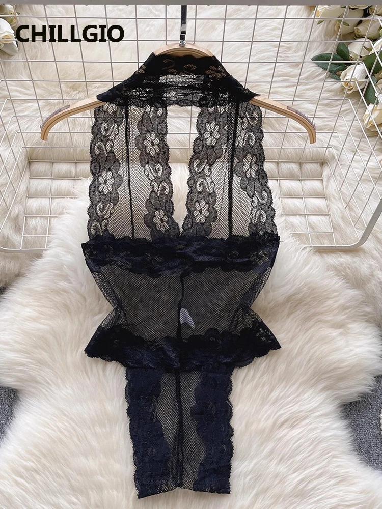 CHILLGIO Women Floral Lace Halter Bodysuits Erotic Sleepwear Catsuits Fashion One Piece Backless Transparent Combination Onesie