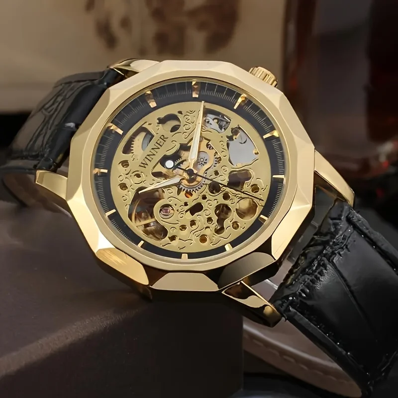 Top-Class Luxury Business Men's Mechanical Watch, Skeleton Design, Leather Strap, Fashionable Casual and Stylish Men's Watch, European, American, Japanese, and Korean Style Fashion Accessory, the First Choice for Gift-Giving