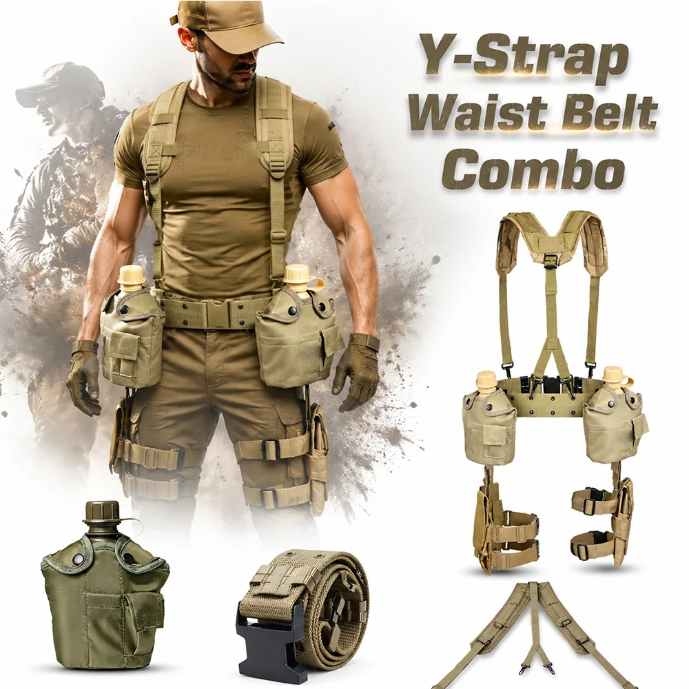 

Tactical Y-Strap Waist Belt Combo: Shoulder Load Bearing Harness with Drop Leg Pouch & Water Bottle Holder for Hunting Camping