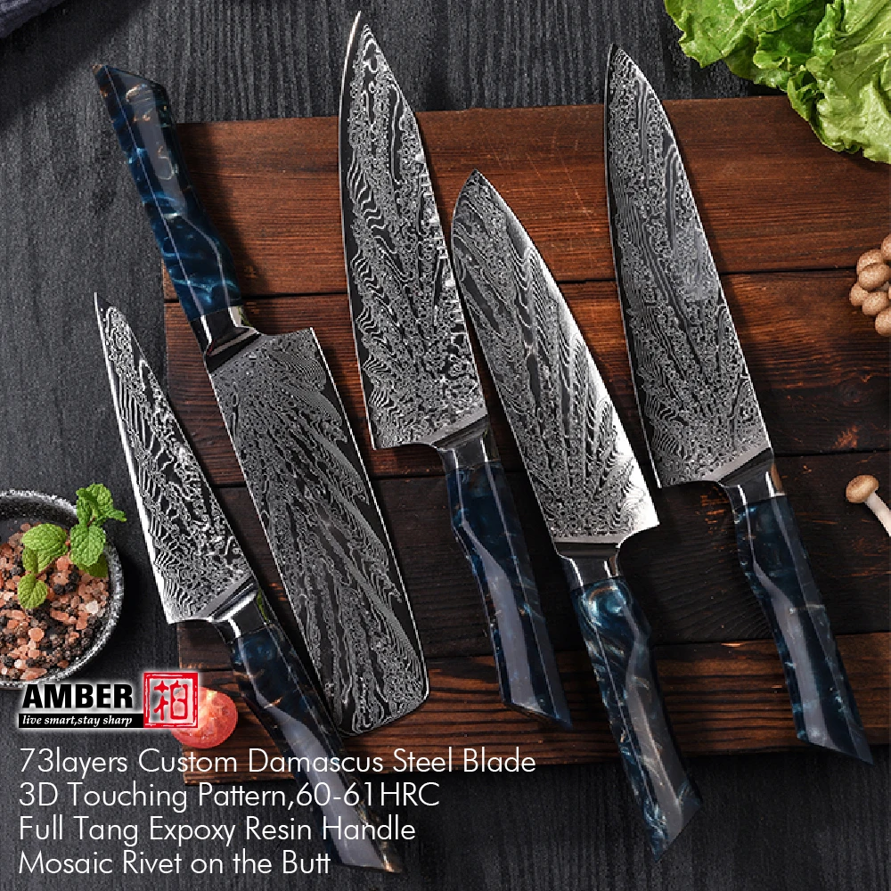 AMBE 73 Layer Damascus Steel Kitchen Knives Set Resin Handle Sharp Santoku Bread Boning Knife Practical Kitchen Cutting Tools