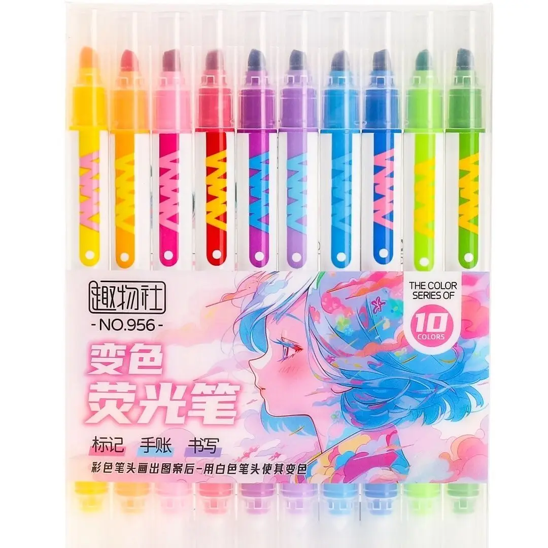 10pcs Double-Tip Magic Color Changing Highlighter Pen Set Diary Scrapbook Painting DIY Making,Student Office Kawaii Stationery