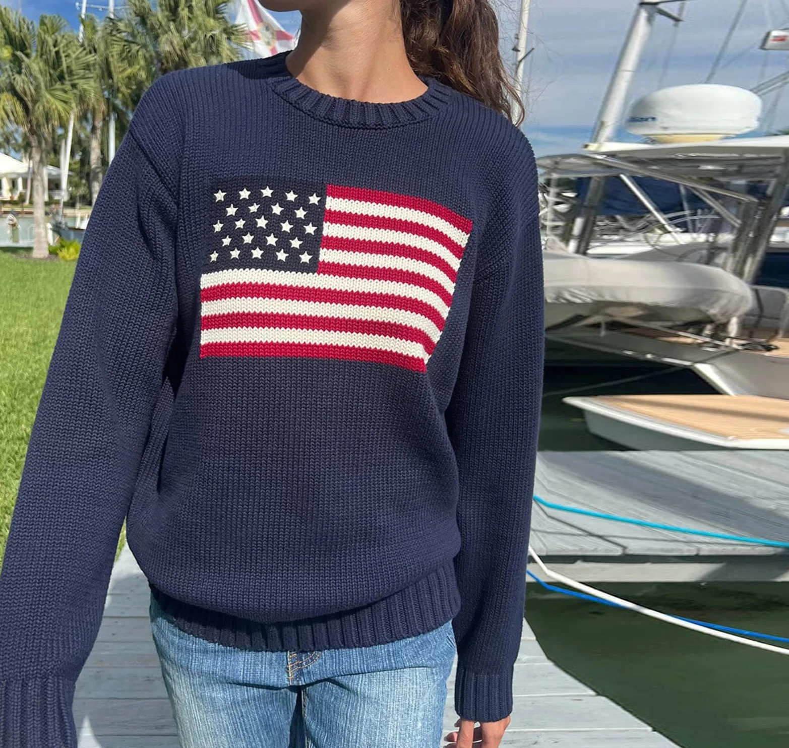 Casual Loose Pullover KnitwearWomen American Flag Sweater Autumn Long Sleeve Crew Neck Loose Fit Knitted Pullover Tops
