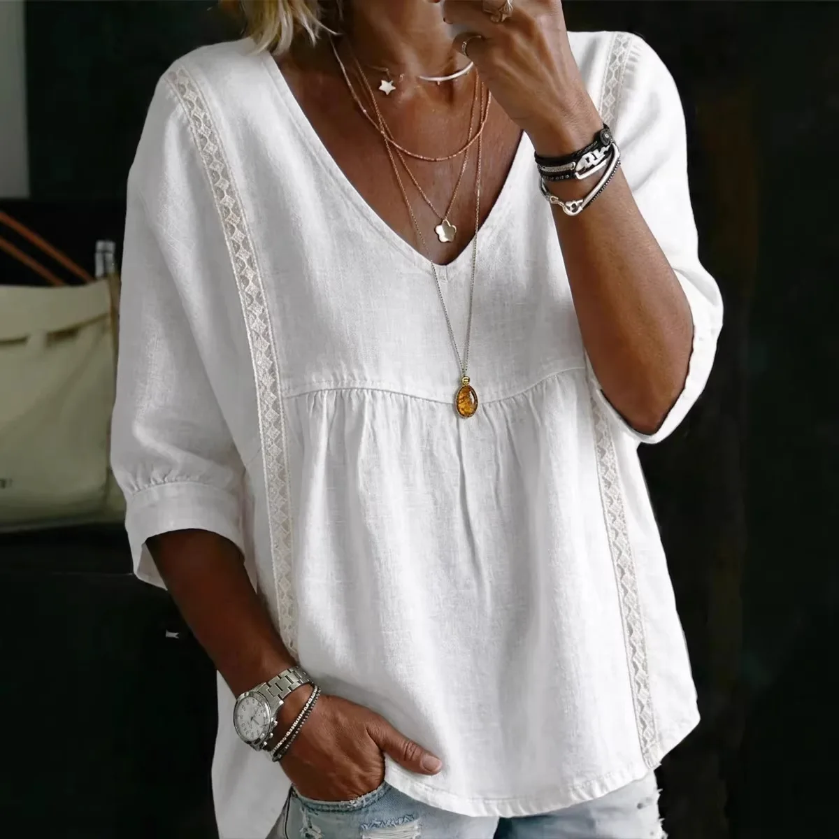 

2026 Summer Women Blouse Women Fashion Casual Solid V-neck 3/4 Sleeve Shirts Office Elegant Pullover Loose Blusas Tops