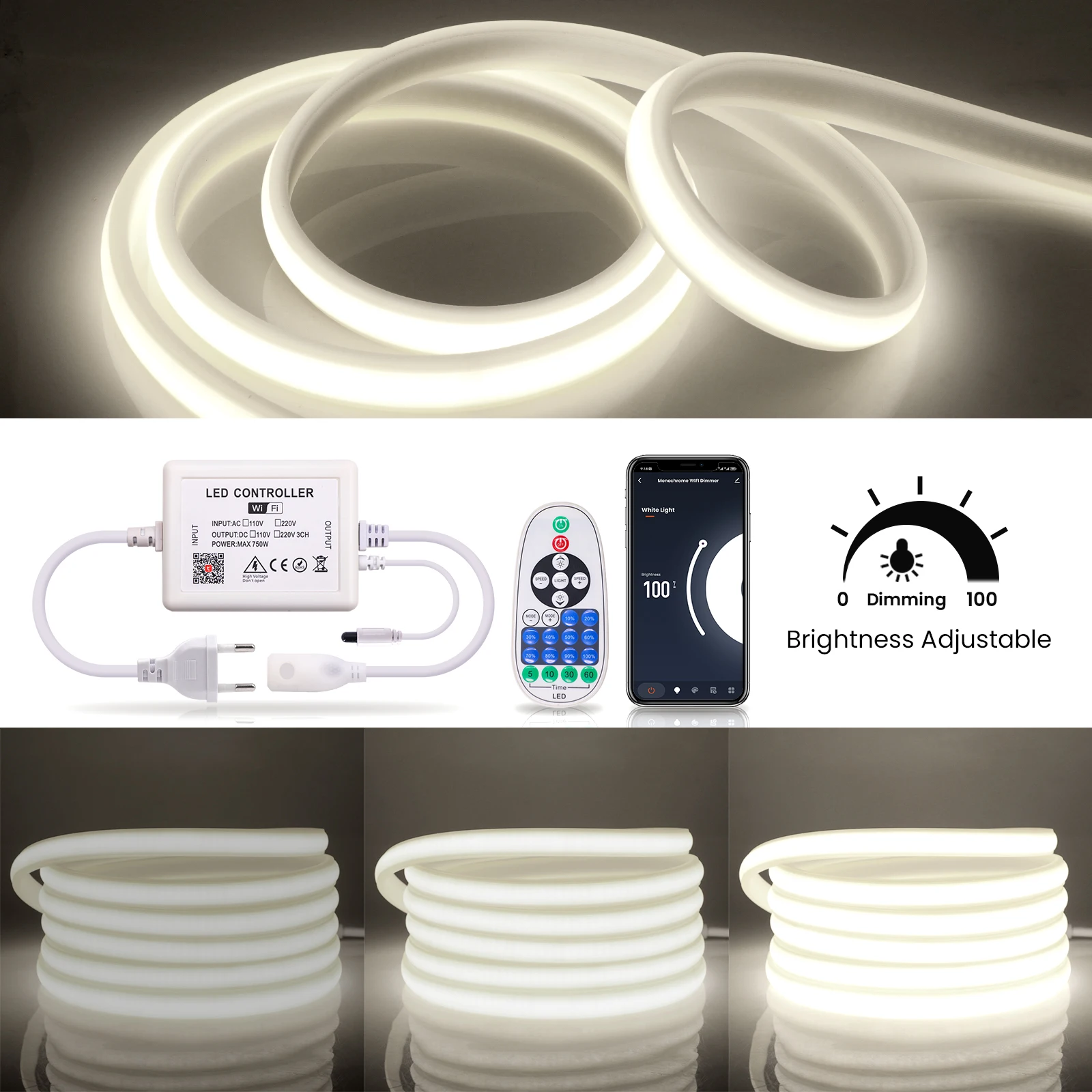 Tuya Wifi Bluetooth ściemniania AC 220V COB lampa neonowa 288 diod/M IP65 wodoodporny Panel sterowania elastyczną taśma wstążkowa taśmą LED