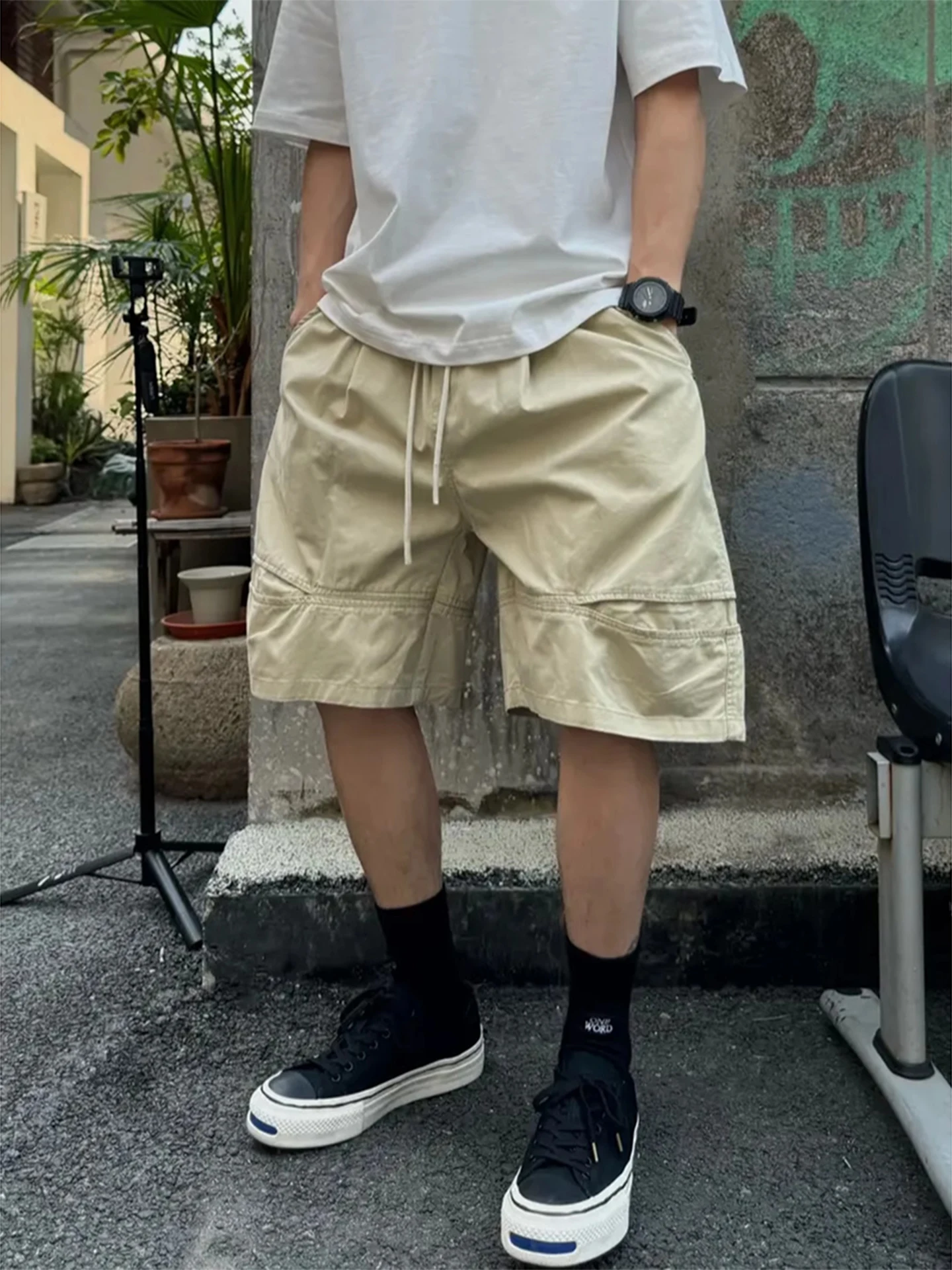 En مفكك الدنيم orts الرجال الصيف الأمريكية الرجعية المظلي ملابس العمل فضفاضة واسعة الساق خمسة أرباع السراويل #5