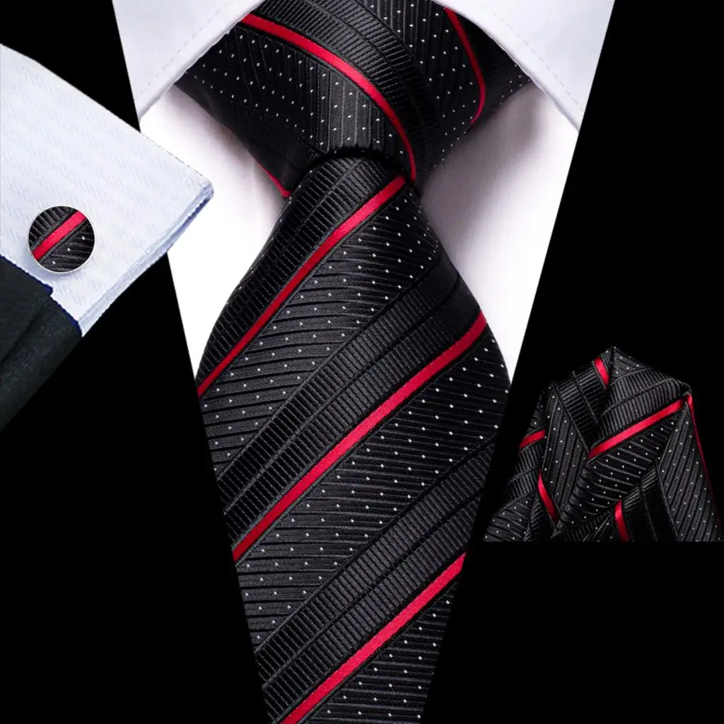 Hi-Tie Striped Black Red Mens Fashion Necktie Handkerchief Cufflinks for Tuxedo Accessory Classic Silk Luxury Tie for Man Gift