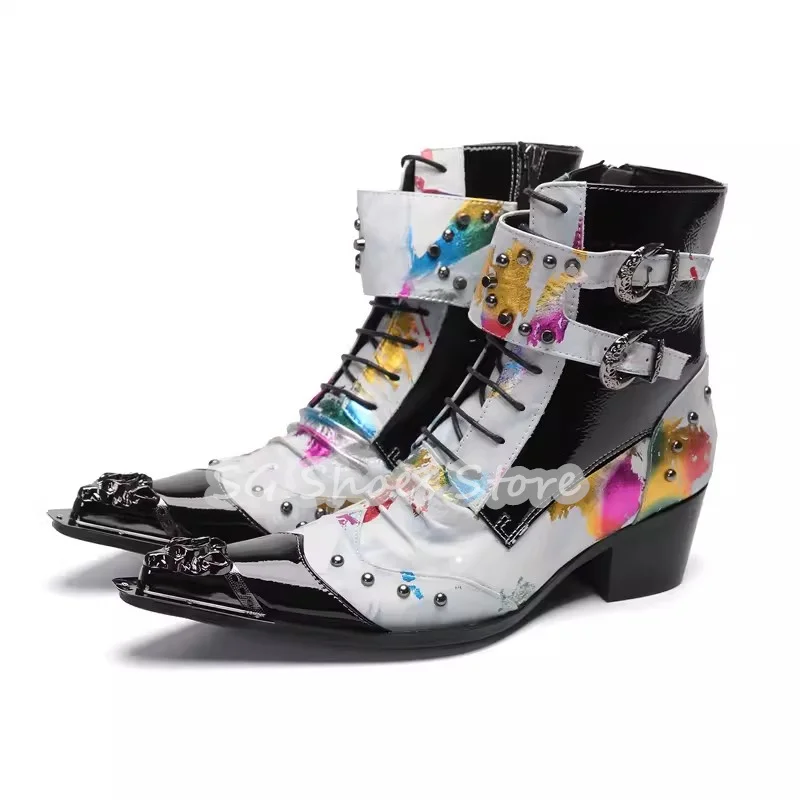 Mixed Color Non-Slip Mid-Calf Boots Metal Pointed Toe Chunky Heel Male Boots Fashion Leather Splicing Casual Shoes for Men