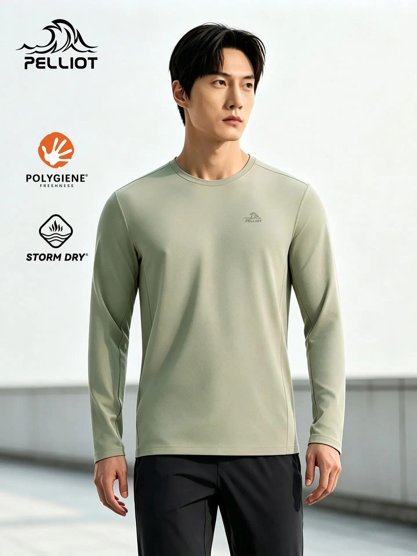 Pelliot Men's Quick Dry Long Sleeve T-Shirt Outdoor Climbing Breathable Base Layer Shirt Polyester Fiber Standard Fit round Neck