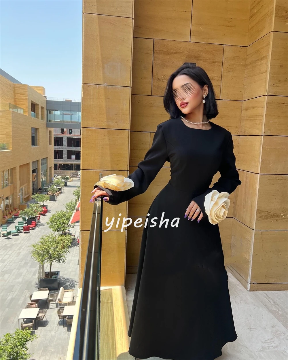 Fashion Jersey Flower Ruched A-line O-Neck Midi Dresses Celebrity Dresses Elegant Exquisite High Quality Sexy Sparkle Sizes