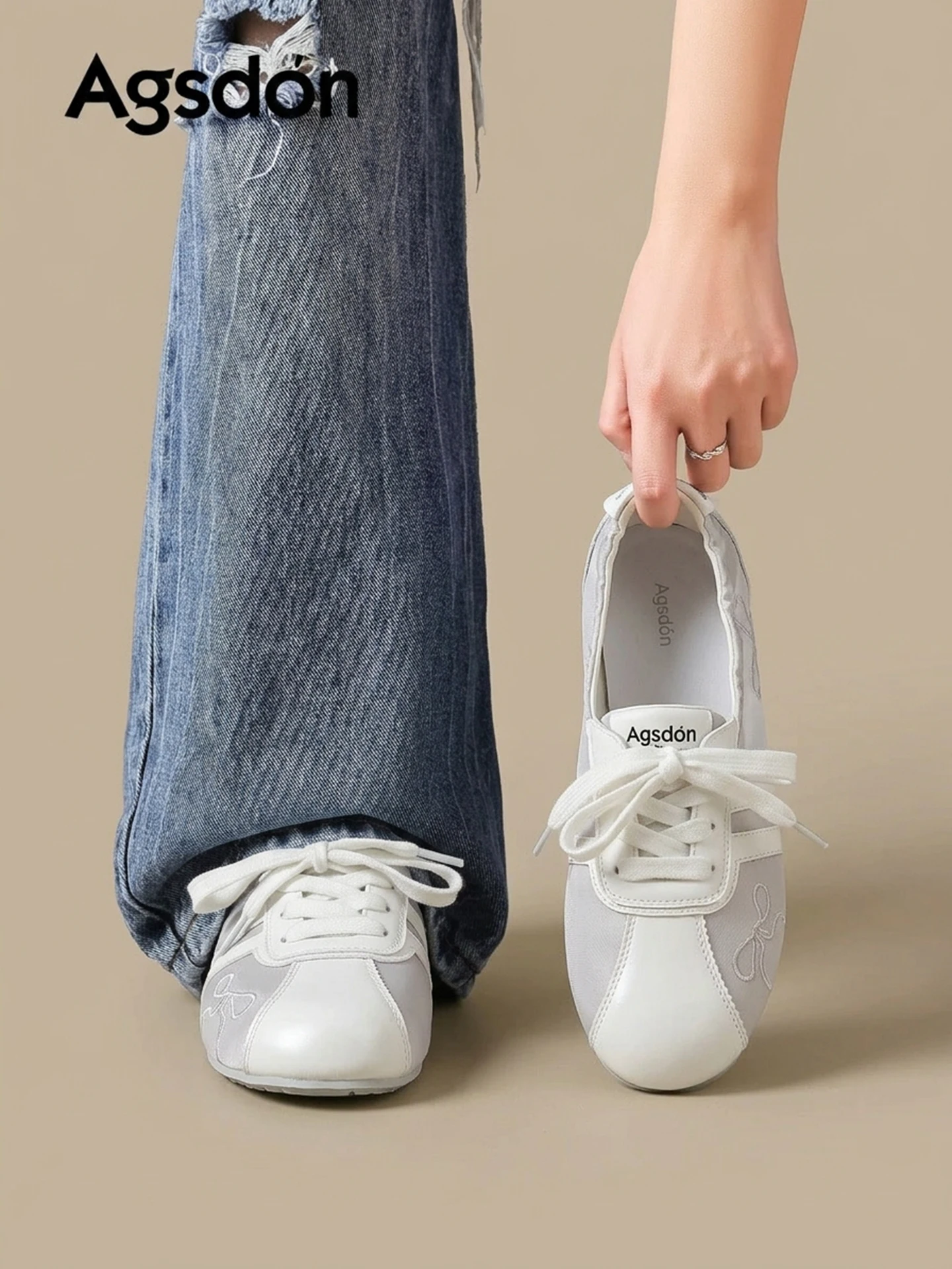 Agsdon Women's Ballet Flat Shoes Embroidered Casual Sports Sneakers Soft Bottom  Knot Summer Fashion Leisure Footwear