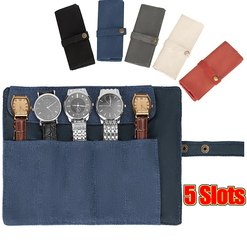 Portable Canvas Waterproof Watch Roll Bag 5 Slot Bracelets Packing Watch Strap Storage Bag Watch Roll Case Necklace Storage Bag