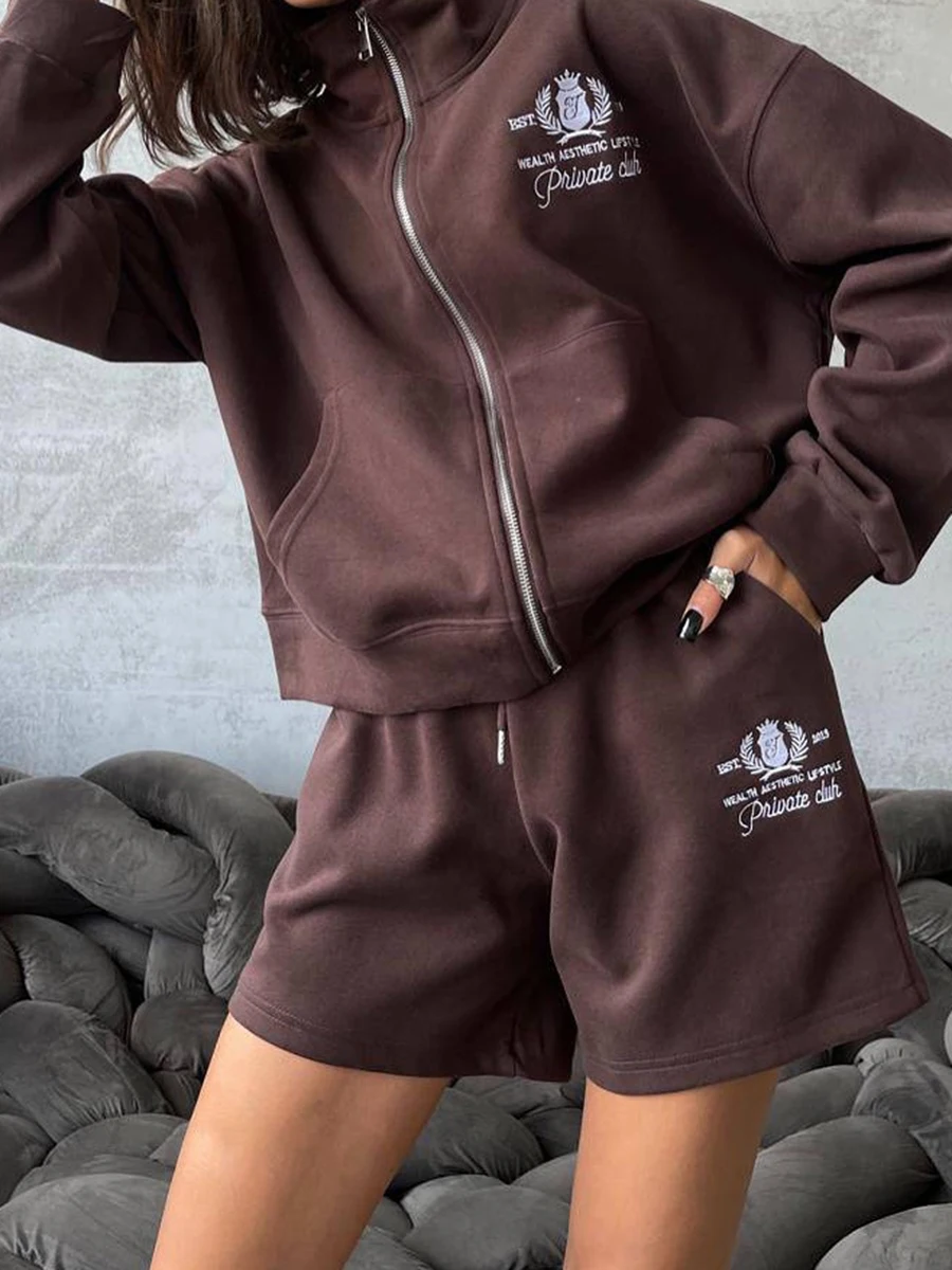 

Короткие спортивные штаны с вышивкой букв, женские толстовки на молнии с воротником-стойкой и длинными рукавами, осенние повседневные модные шорты на шнурке, комплекты