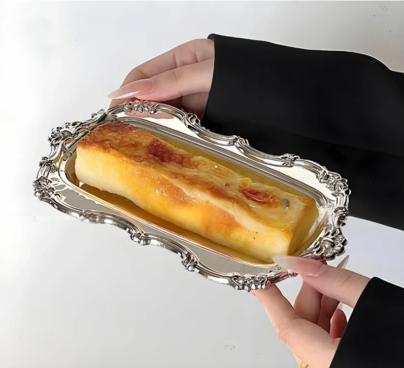 Vintage Embossed Stainless Steel Tray Serving Platter for Desserts Jewelry Storage Organizer Snack Plate For Dining Table Decor