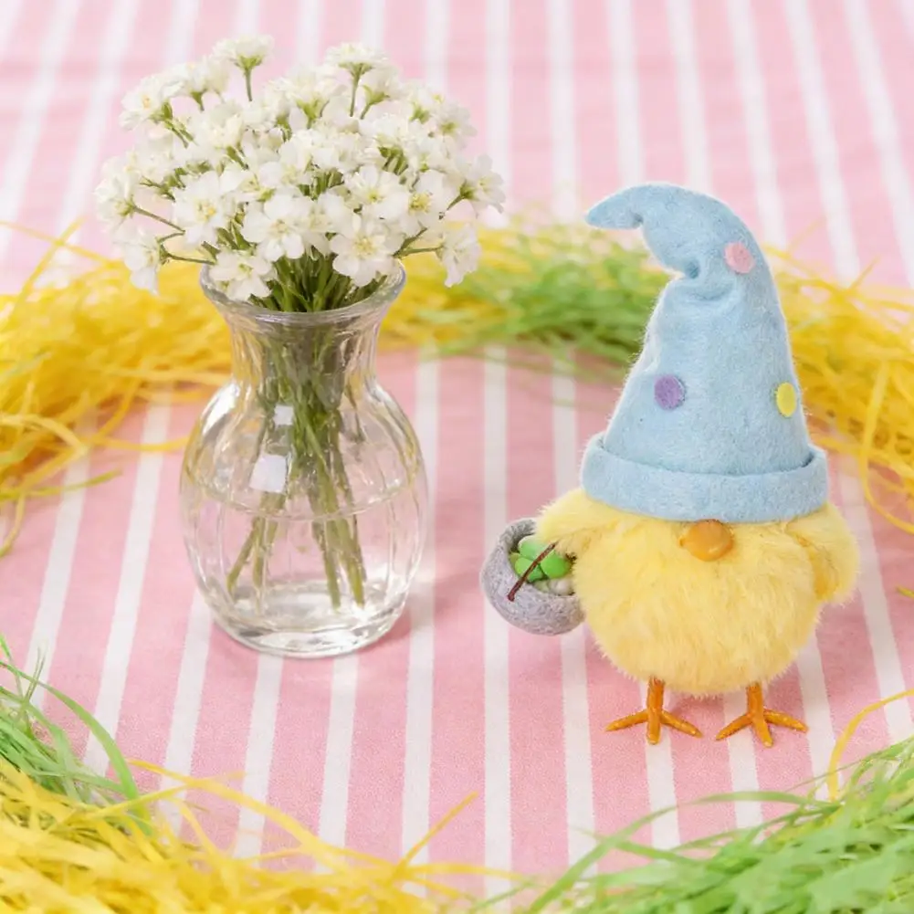 Juguete de pollito amarillo esponjoso, adorno de pollito de peluche, muñeco de pollito de Pascua, adorno con sombrero colorido, decoración de felpa de huevo brillante