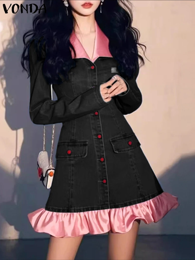 VONDA Mode Mini Kleid Frauen Langarm Farbe Patchwork Casual Party Kurze Vestidos 2026 Revers Frühling Rüschen Elegante Robe