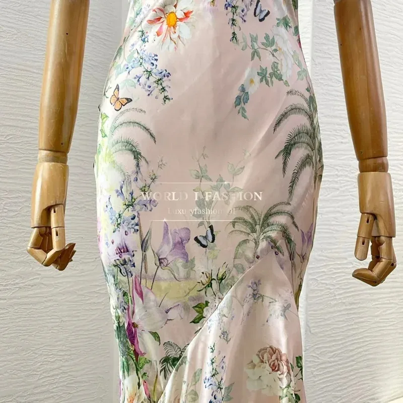 Vestido midi con dobladillo irregular y espalda descubierta con cuello en V profundo Seda sin mangas con estampado floral rosa de alta calidad