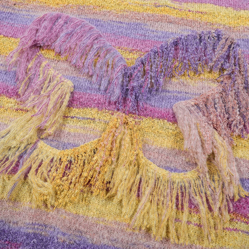 Bunter Fransen-Strickpullover, übergroßer Pullover, Retro-gestreift, langärmelig, Rundhalsausschnitt, Herbst-Winter, Boho, lockerer Pullover für Herren