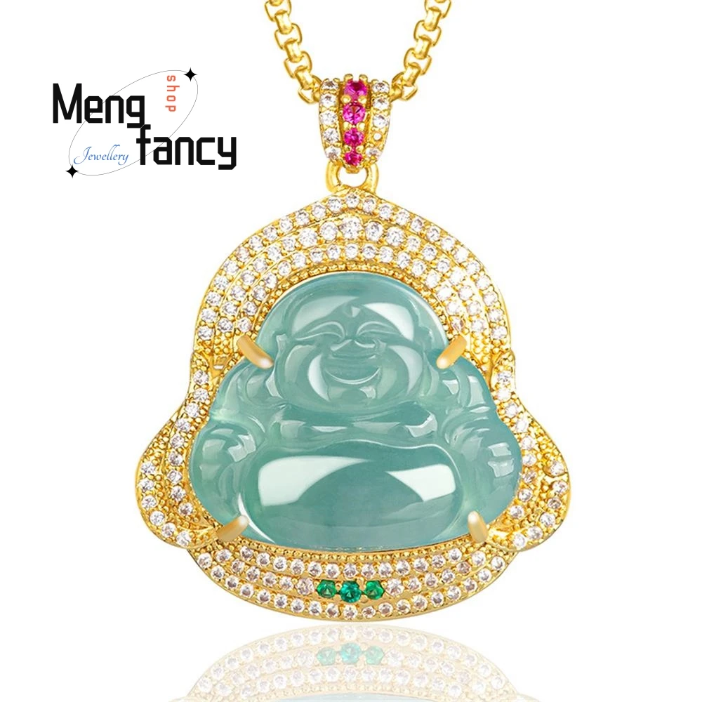 

Natural A-goods Jadeite Blue Water Maitreya Buddha Copper Gold-Plated Inlaid Ice Jade Pendant Exquisite Luxury Fashion Jewelry