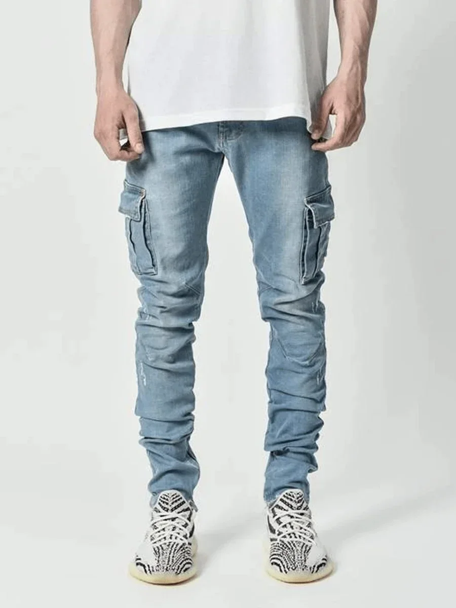 

Pop Mens Stretch Jeans Black Big Side Pockets Cargo Jeans Fashion Zipper Small Foot Denim Pants Elastic Jogging Trousers Streetw