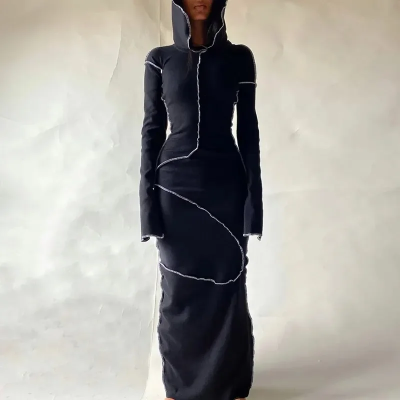 BWQ-Robe longue noire à manches longues pour femmes, Streetwear, Articles en gros pour les entreprises, Mode printemps et automne, 2024