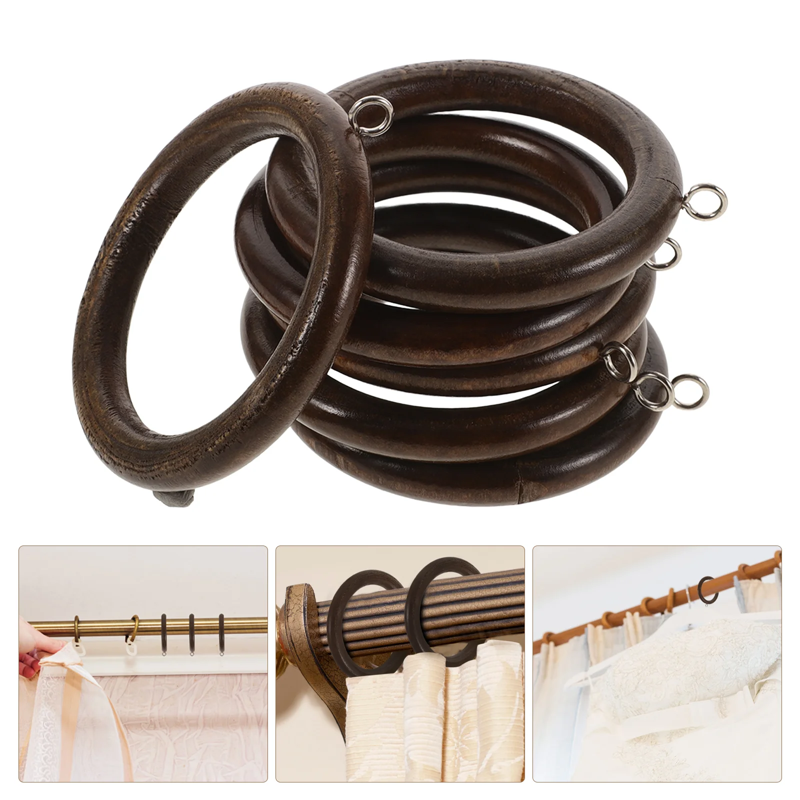 6 Pcs Circular Curtain Ring Black Out Sturdy Wooden Rod No Drill Coffee Drapery Rings Rods