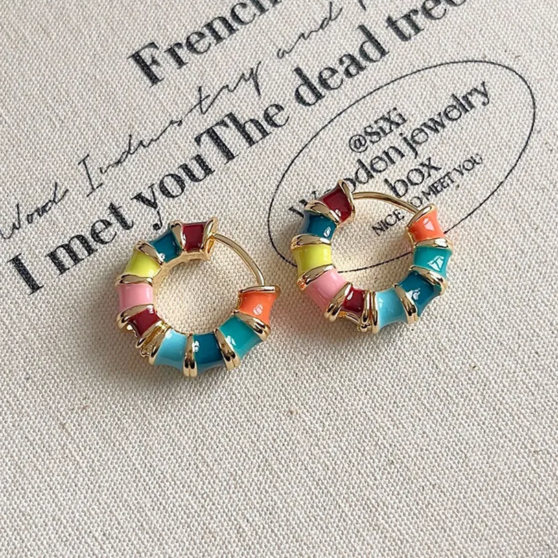 Fashion Luxury Colorful Enamel Round Circle Hoop Earrings for Women Copper Metal Huggie Ear Party Jewelry Gifts Wholesale