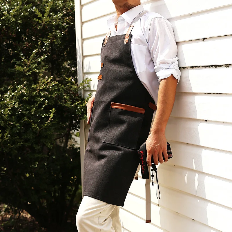 ملابس العمل المميزة، مريلة قماشية مغسولة، مقهى إبداعي، ملابس عمل للمطاعم، أشرطة كتف للرجال والنساء H2 #4