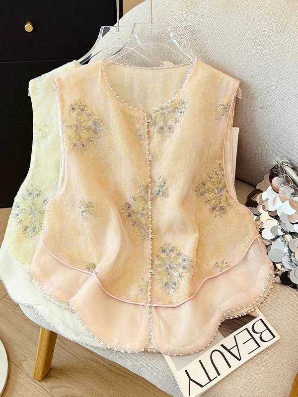 New Chinese Style Heavy Embellished Sequin Vest Women's Sleeveless round Neck Luxury Summer Top Commute Fashion Breathable