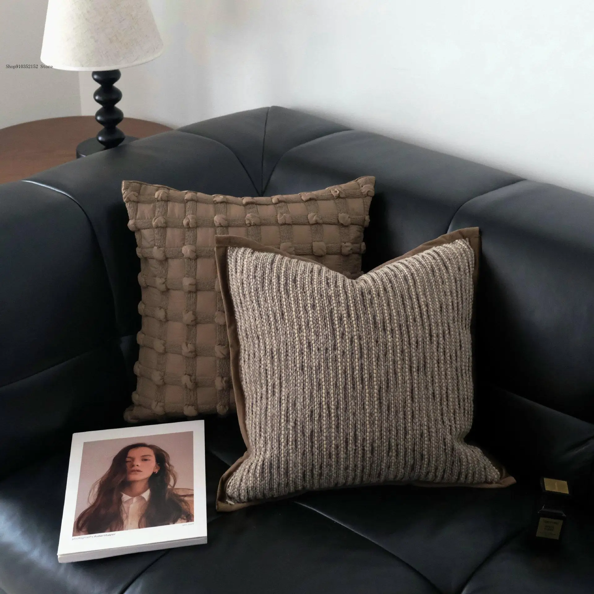 (Only Includes Pillowcases) Brown Minimalist Striped Wide Edge Waist Pillow Cover Living Room Sofa Cushion Sample Room Cushion