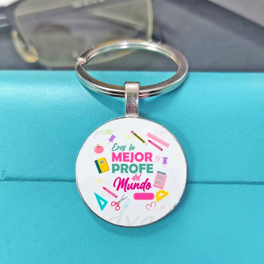 Spanish Teacher's Day Gift keychain Pen holder pendant Convex glass key chain Pink keyring keyholder Graduation Season Gift