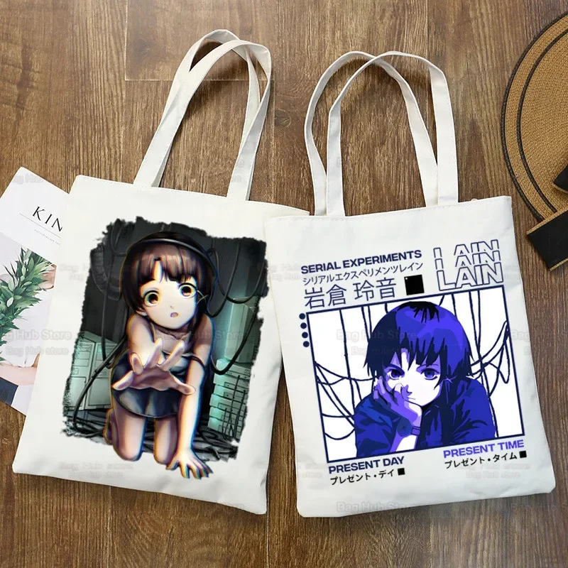 Serial Experiments Lain Canvas Shoulder Tote Bag Women Japan Anime Handbags Eco Reusable Iwakura Manga Shopping Bag Ulzzang Bags